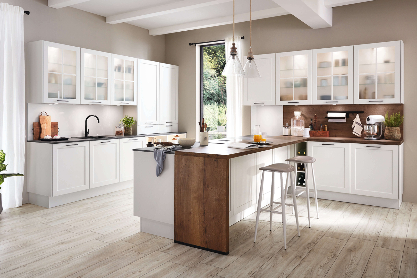 Nordic hout witte eilandkeuken