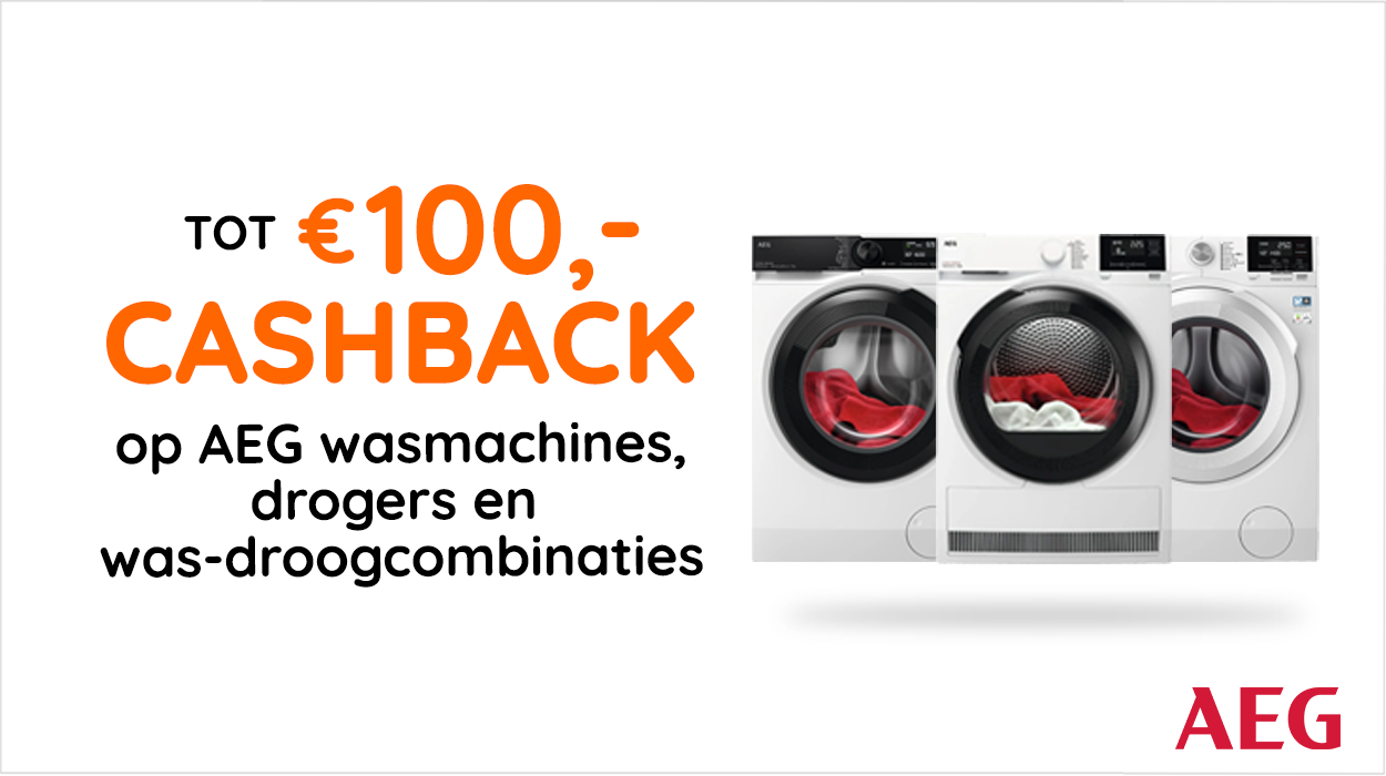 Tot €100,- cashback op AEG wasmachines, drogers en was-droogcombinaties