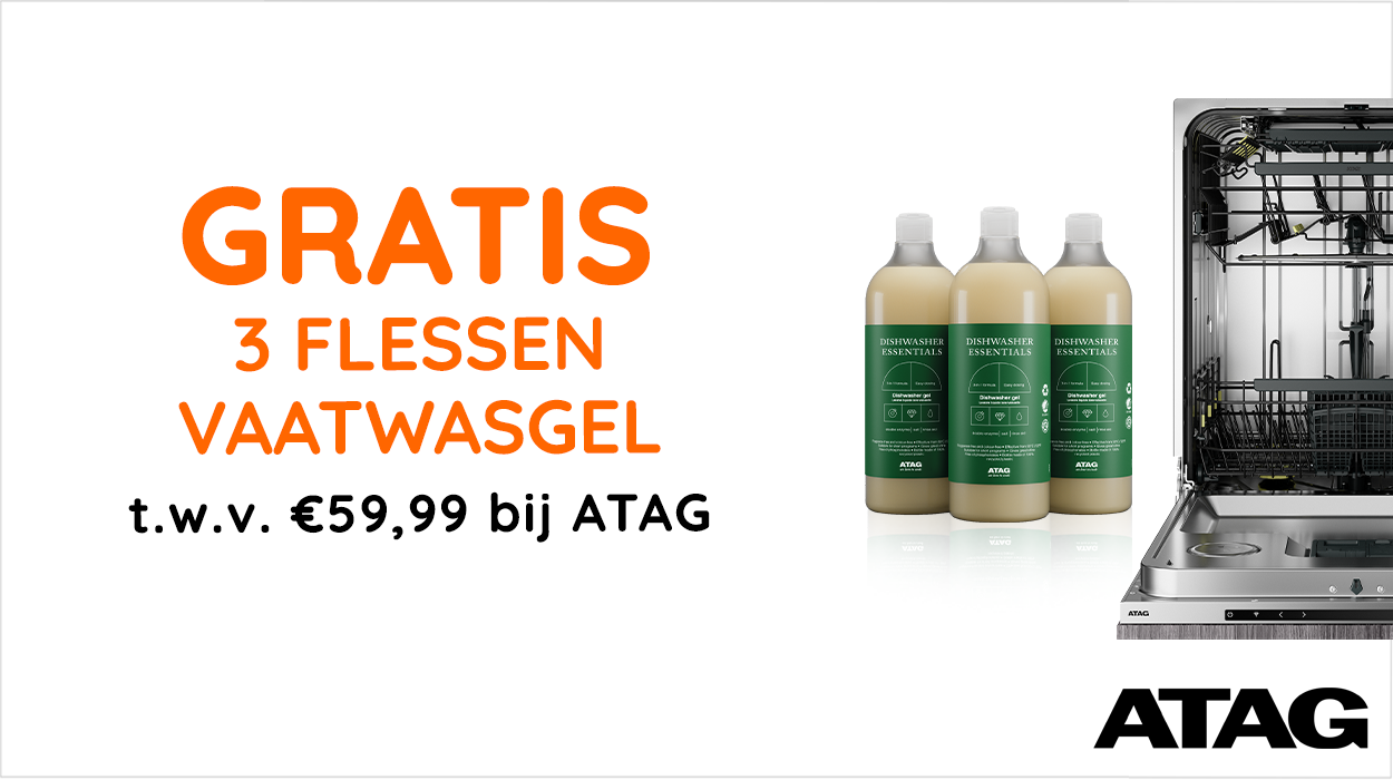 Ontvang 3 flessen vaatwasgel bij een ATAG Premium Green vaatwasser