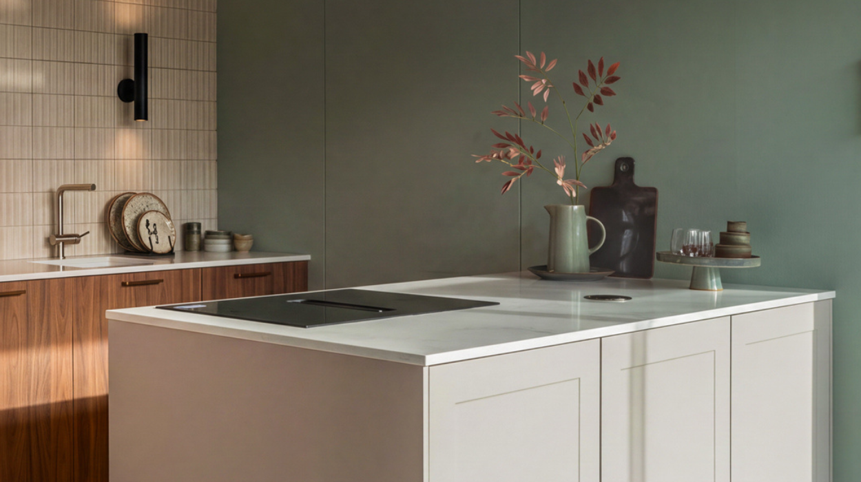 Eilandkeuken met natuurlijke tinten en marmer accenten