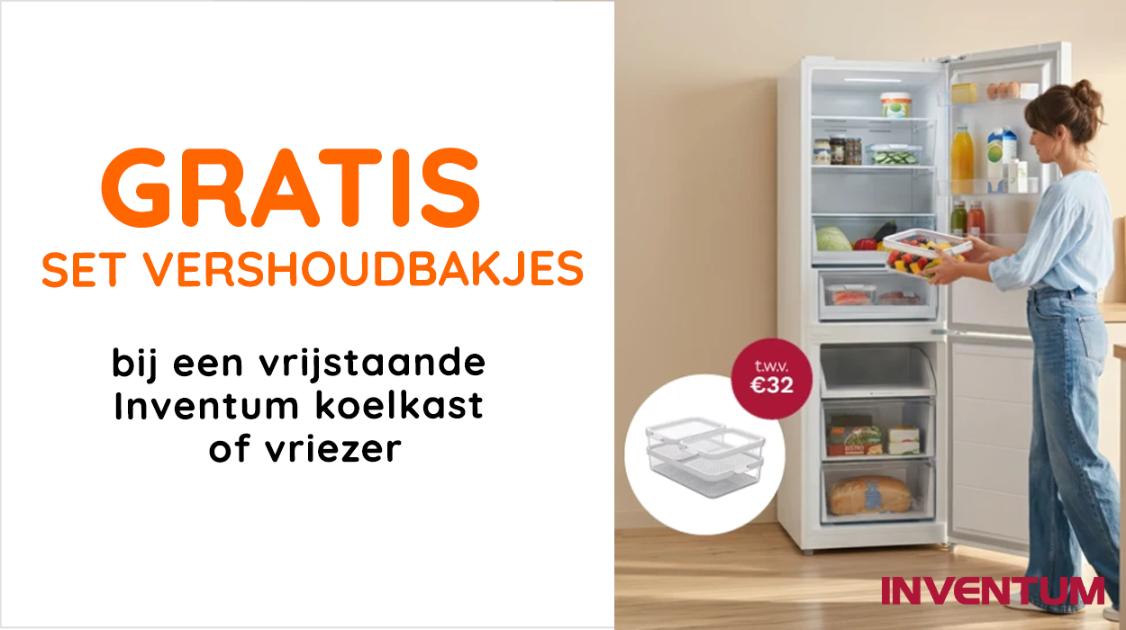 Gratis set vershoudbakjes bij een vrijstaande inventum koelkast of vriezer