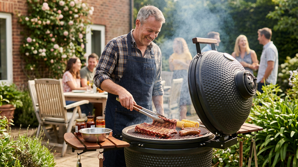Man is aan het barbecueën achter Big Bear