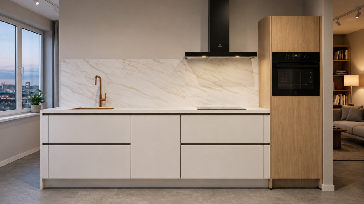 witte rechte keuken met marmeren accenten