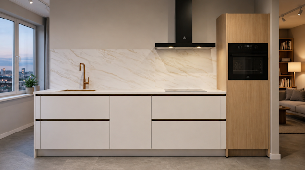 witte rechte keuken met marmeren accenten