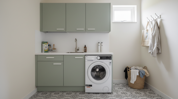 saliegroene bijkeuken met wasmachine en wasbak